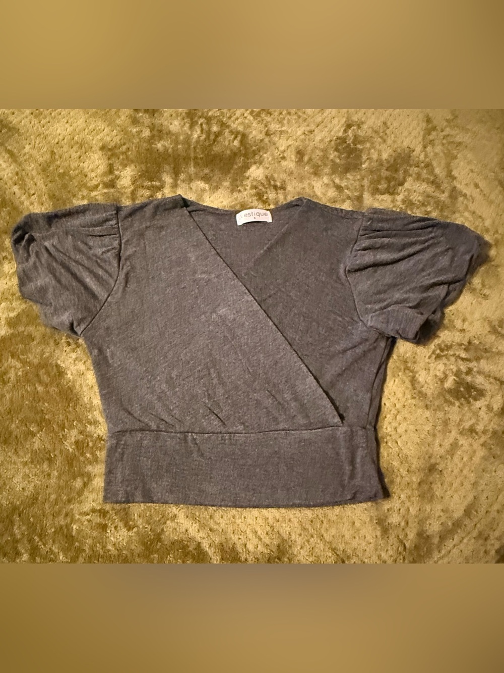 vestique Charcoal Gray Cropped Wrap Puff-Sleeve Top